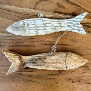 Handcarved wooden fish wall decor, two rustic coastal ornaments on natural wood background.