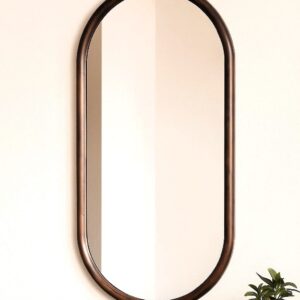Modern arched wall mirror with bronze frame above console, minimalist entryway decor with small potted plant