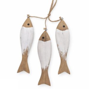 Set of 3 whitewashed wooden fish wall hanging with rope, rustic coastal farmhouse nautical decor.