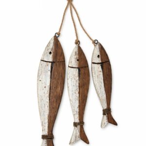Distressed wood fish trio wall decor with jute rope, coastal nautical beach house farmhouse hanging
