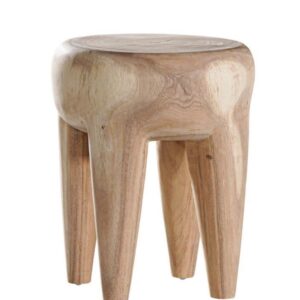 Handcrafted solid wood accent stool with round seat and four tapered legs, natural finish, modern rustic side table