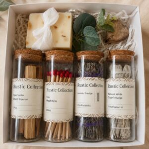 Rustic Collection gift box with Palo Santo, matches, lavender and white sage smudge sticks, natural soap bar for aromatherapy