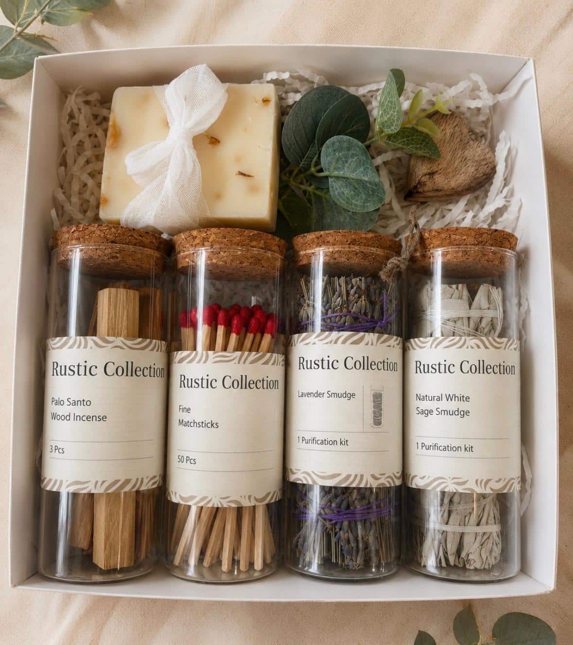 מארז טהיור (2) Rustic Collection gift box with Palo Santo, matches, lavender and white sage smudge sticks, natural soap bar for aromatherapy