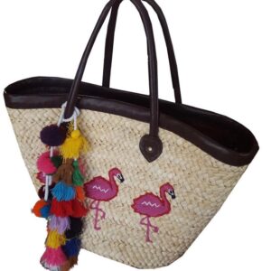 Woven straw beach tote bag with brown leather handles, pink flamingo embroidery and colorful pom-pom tassel